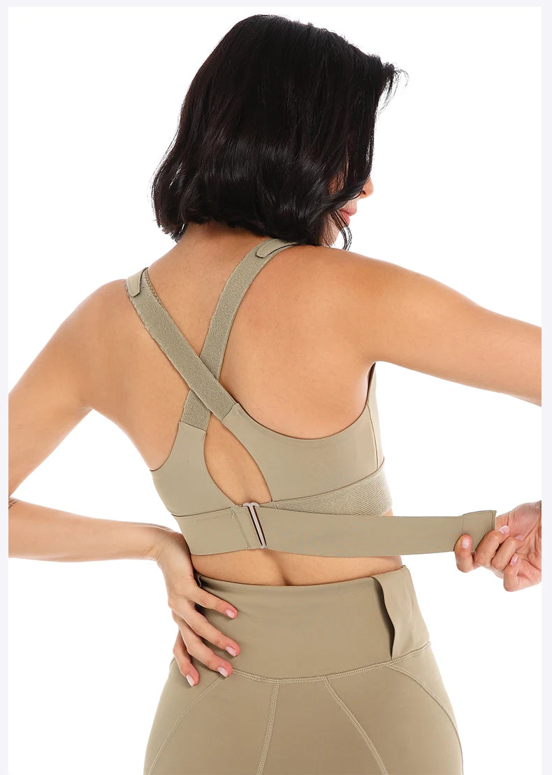 Adjustable Cropped Zip Up Sports Bra - Olive Grey