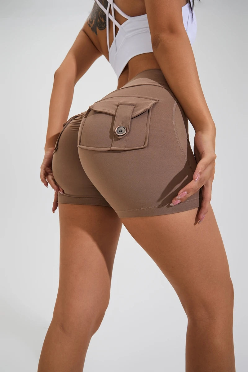 Scrunched Button Pocket Shorts - Coco Brown