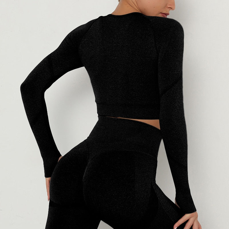 Seamless Long Sleved Fitness Top - Black