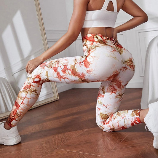 Luna High-waisted Marble Leggings - White & Red