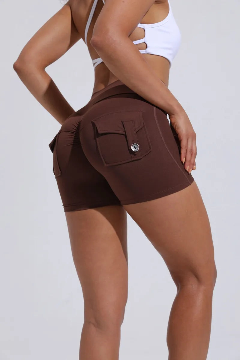 Scrunched Button Pocket Shorts - Coffee