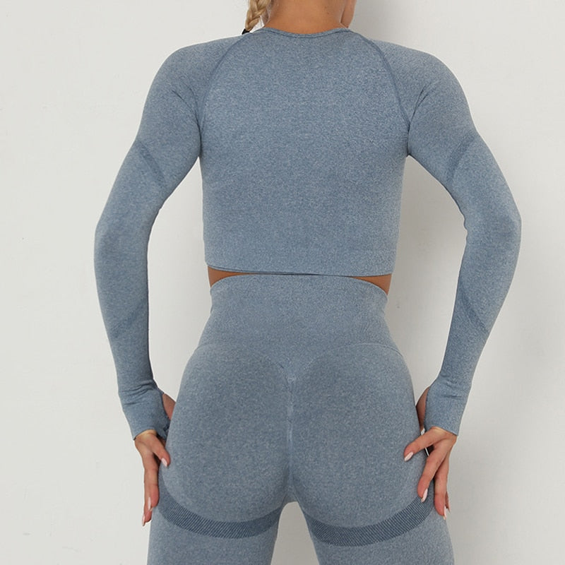 Seamless Long Sleved Fitness Top - Blue